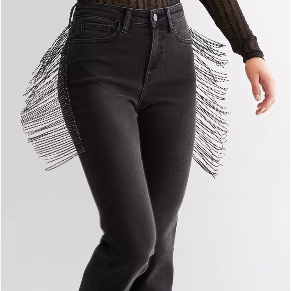Sterling and stitch Black Flared Pants with bling fringe Long!!! 34in!
